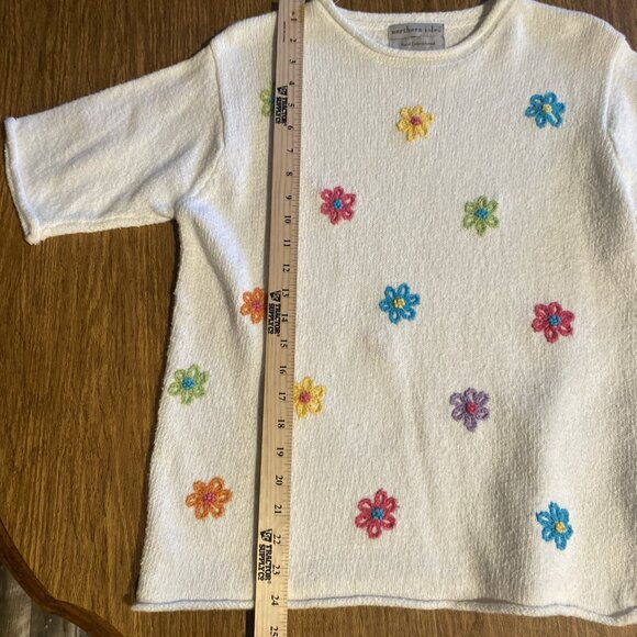 Northern Isles Hand Embroidered Sweater Pullover Short Sleeve White Stretch - Picture 7 of 9